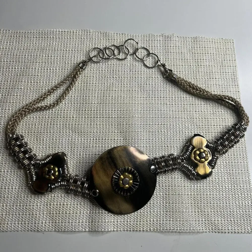 80s Vintage Boho Rope & Metal Decorative Belt‎ Faux Horn Medallion
